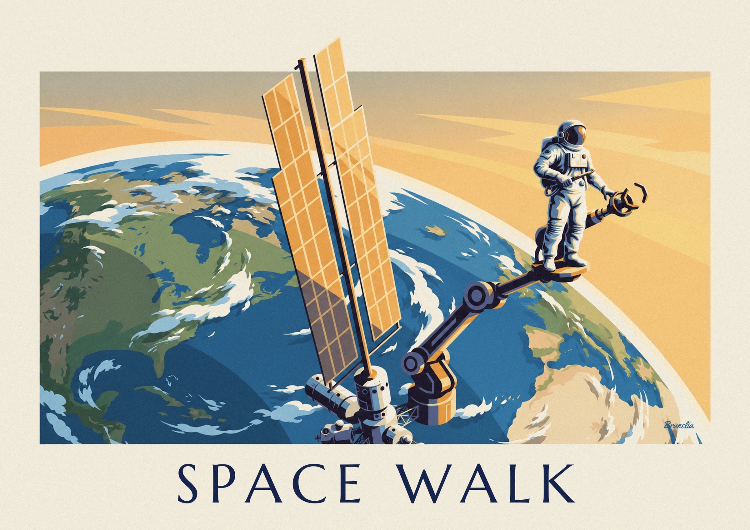The astronaut in a white spacesuit on the robotic arm above Earth