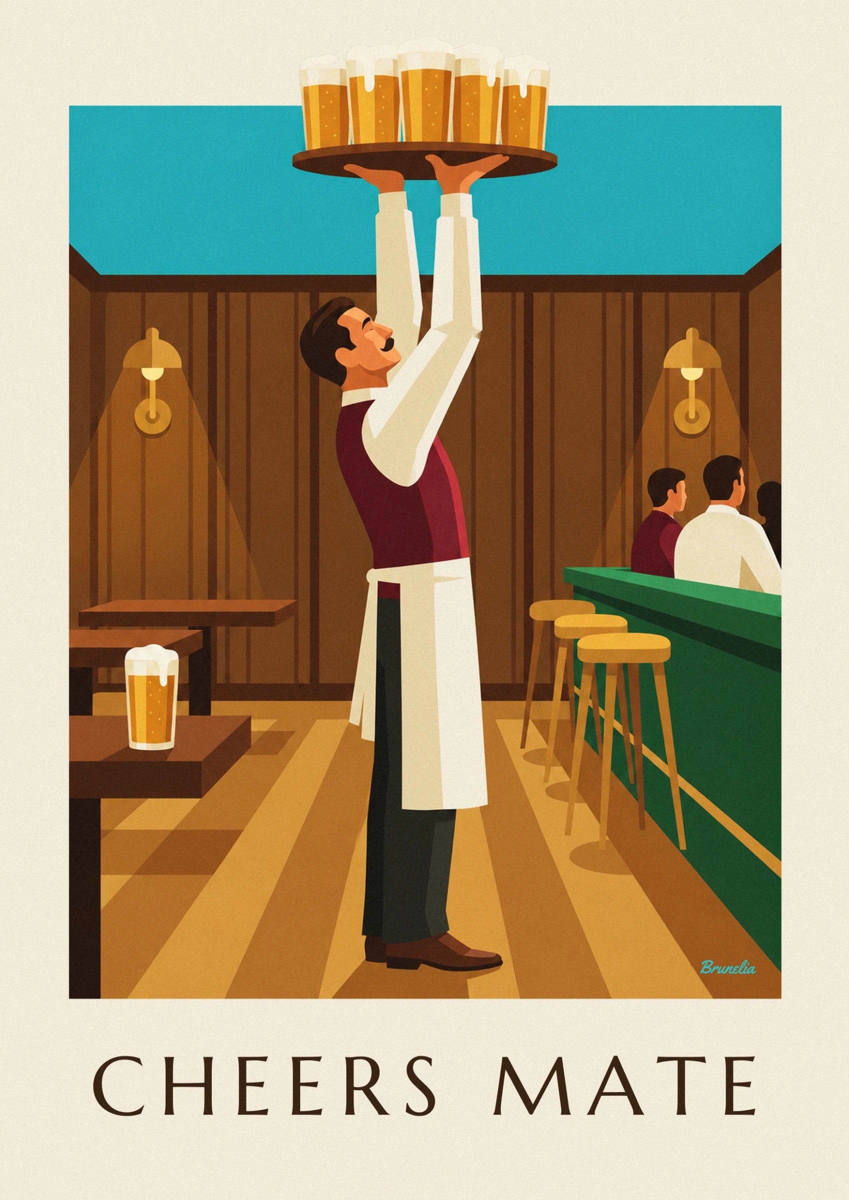 Le serveur moustachu brandit son plateau de 5 chopes de bière mousseuse