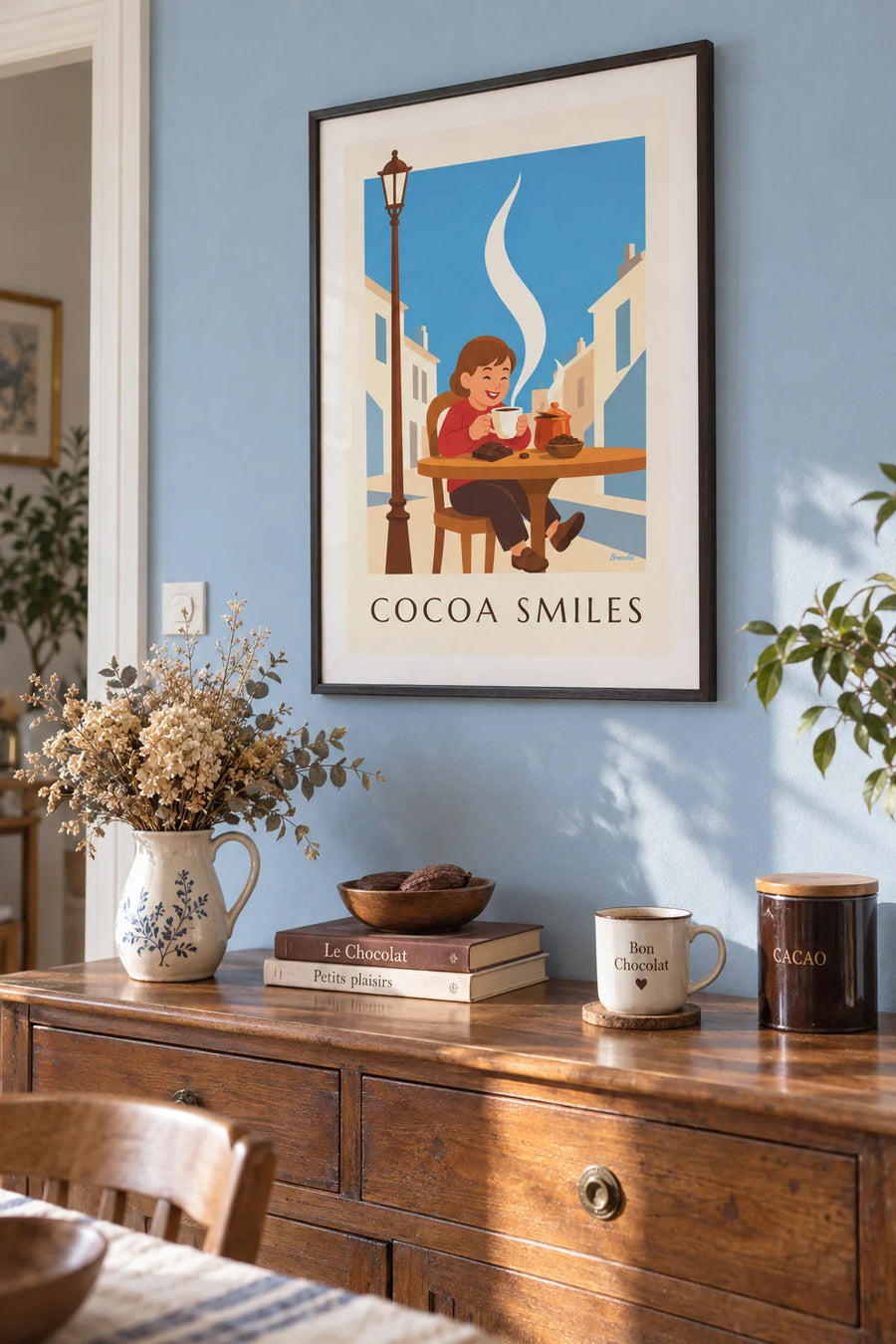 Affiche enfant souriant et grande tasse de chocolat chaud : encadrée au mur