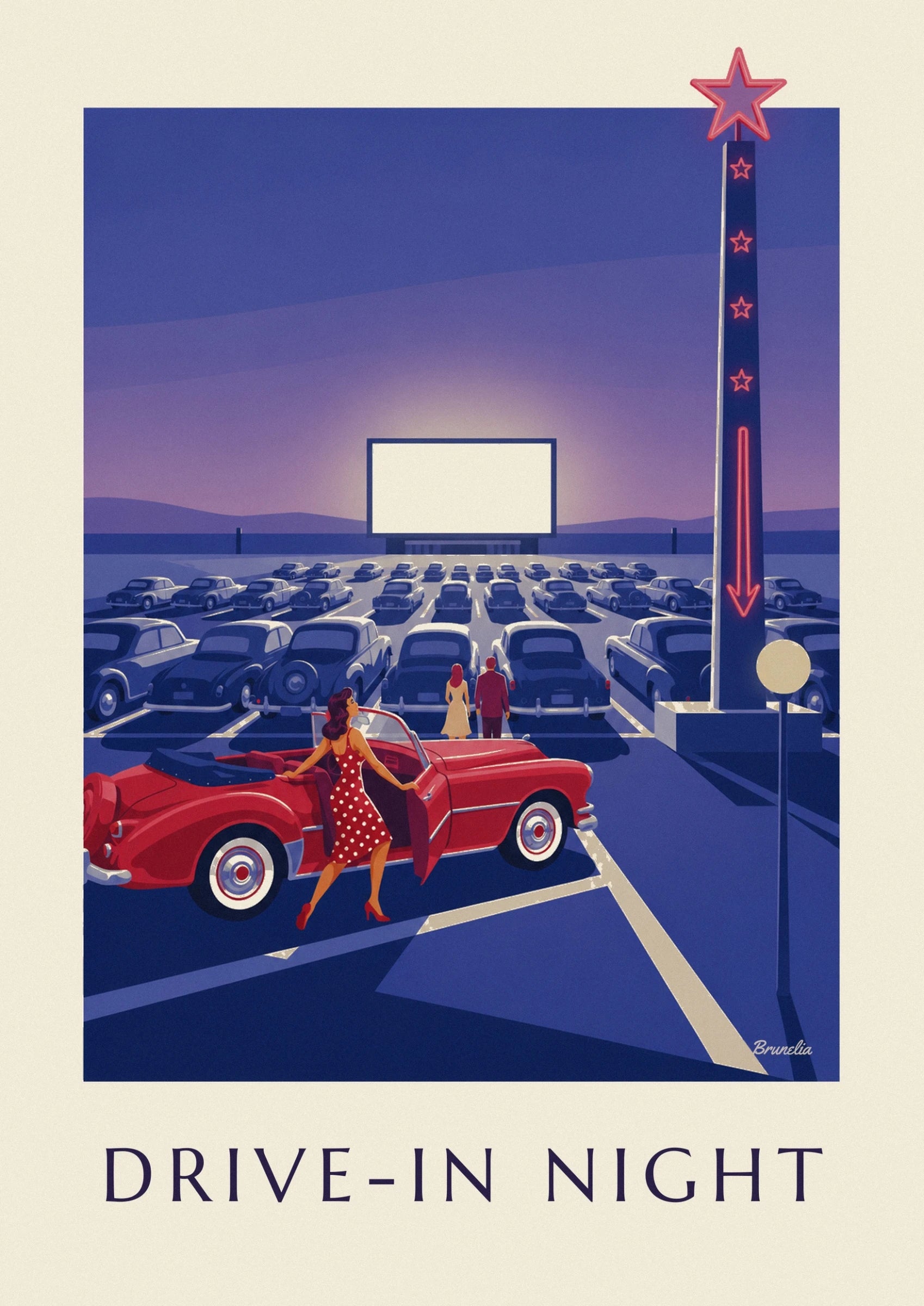 Une pin-up en robe rouge à pois blancs près de la portière du cabriolet rouge