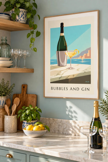 Plakat z koktajlem French 75 w kieliszku do szampana: oprawiony na ścianie
