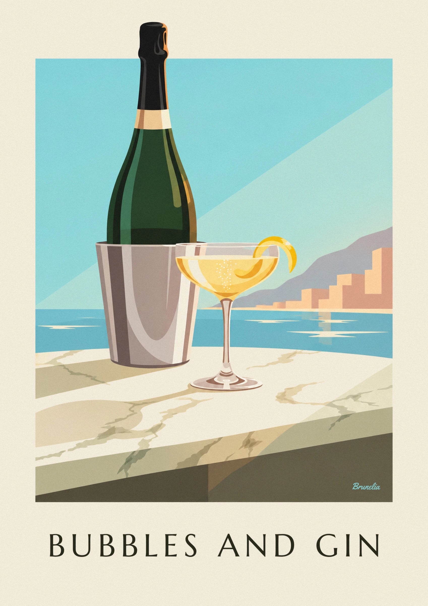 The glass of golden cocktail with fine bubbles, garnished with a long twist of lemon peel