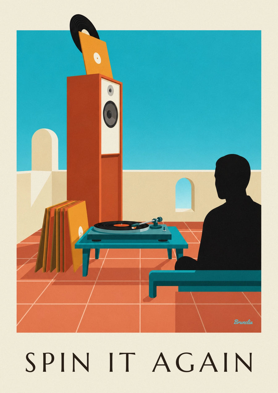 Spinning vinyl record turntable poster
