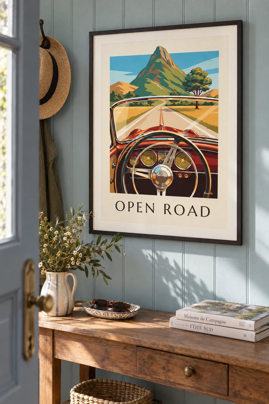 Affiche route et tableau de bord d'une voiture ancienne : encadrée au mur