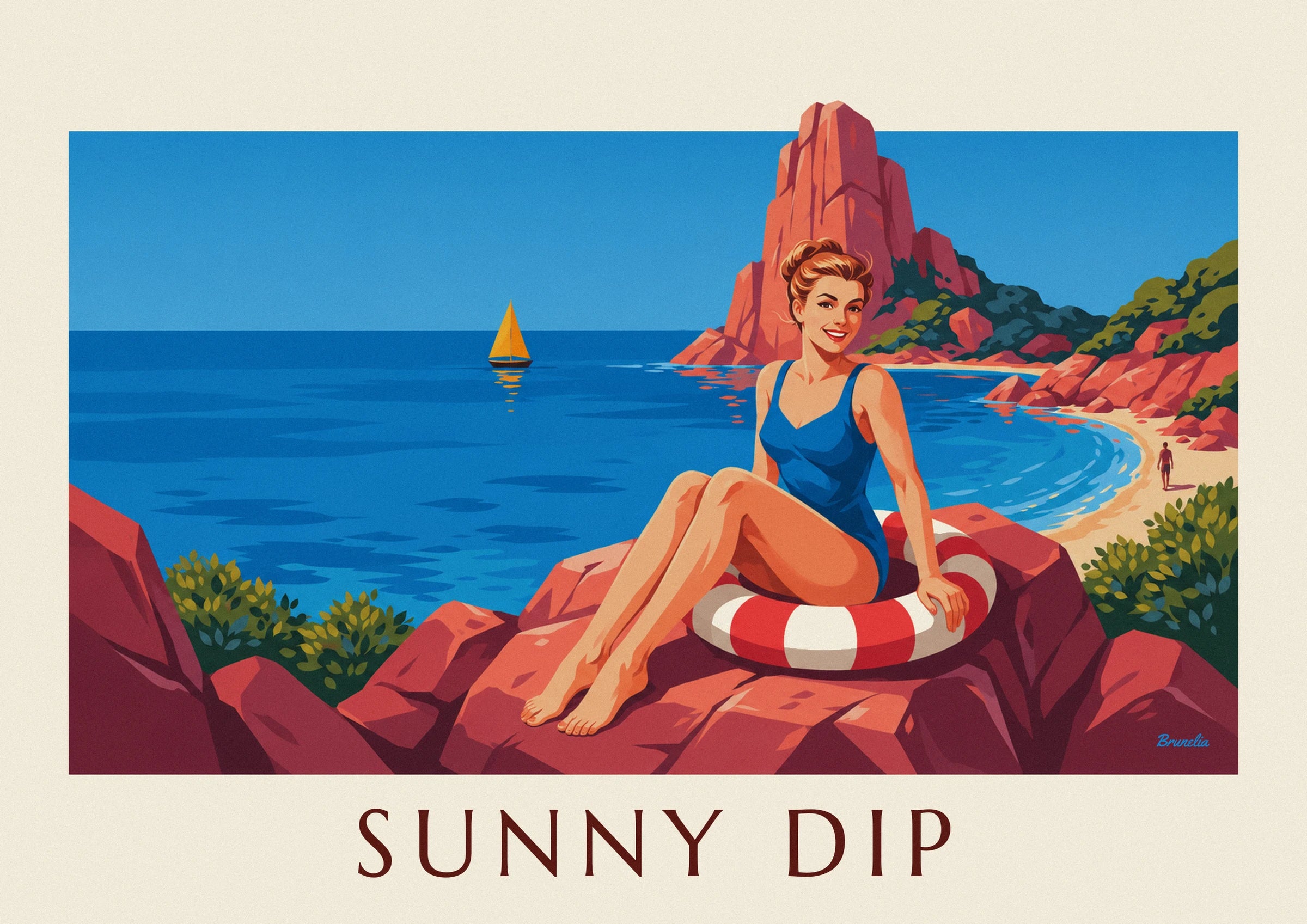 The pin-up in a blue swimsuit sitting on her red and white rubber ring on the red rocks
