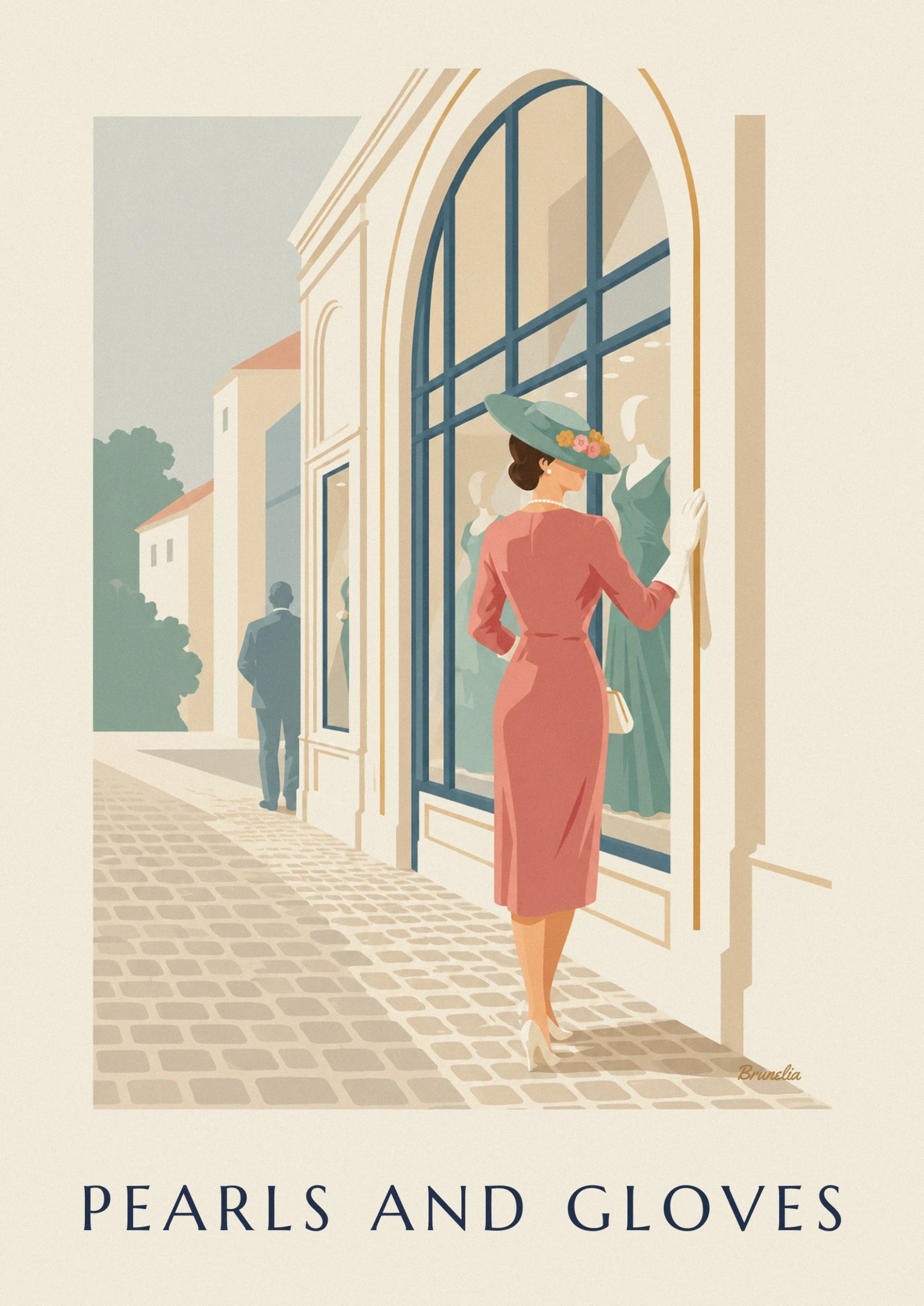 The woman seen from behind, wearing a green flower-trimmed hat and a white glove, in front of the shop window