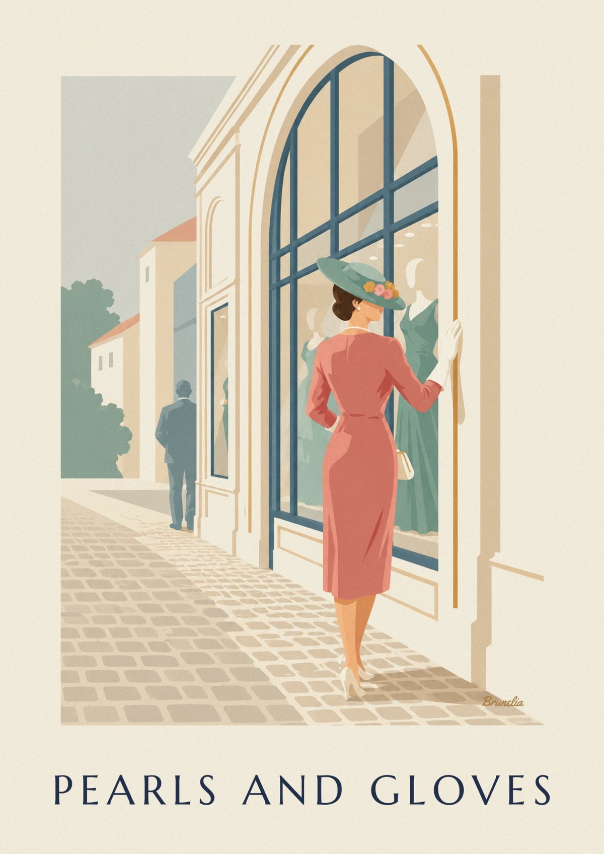 Affiche femme au chapeau fleuri, gants longs et perles