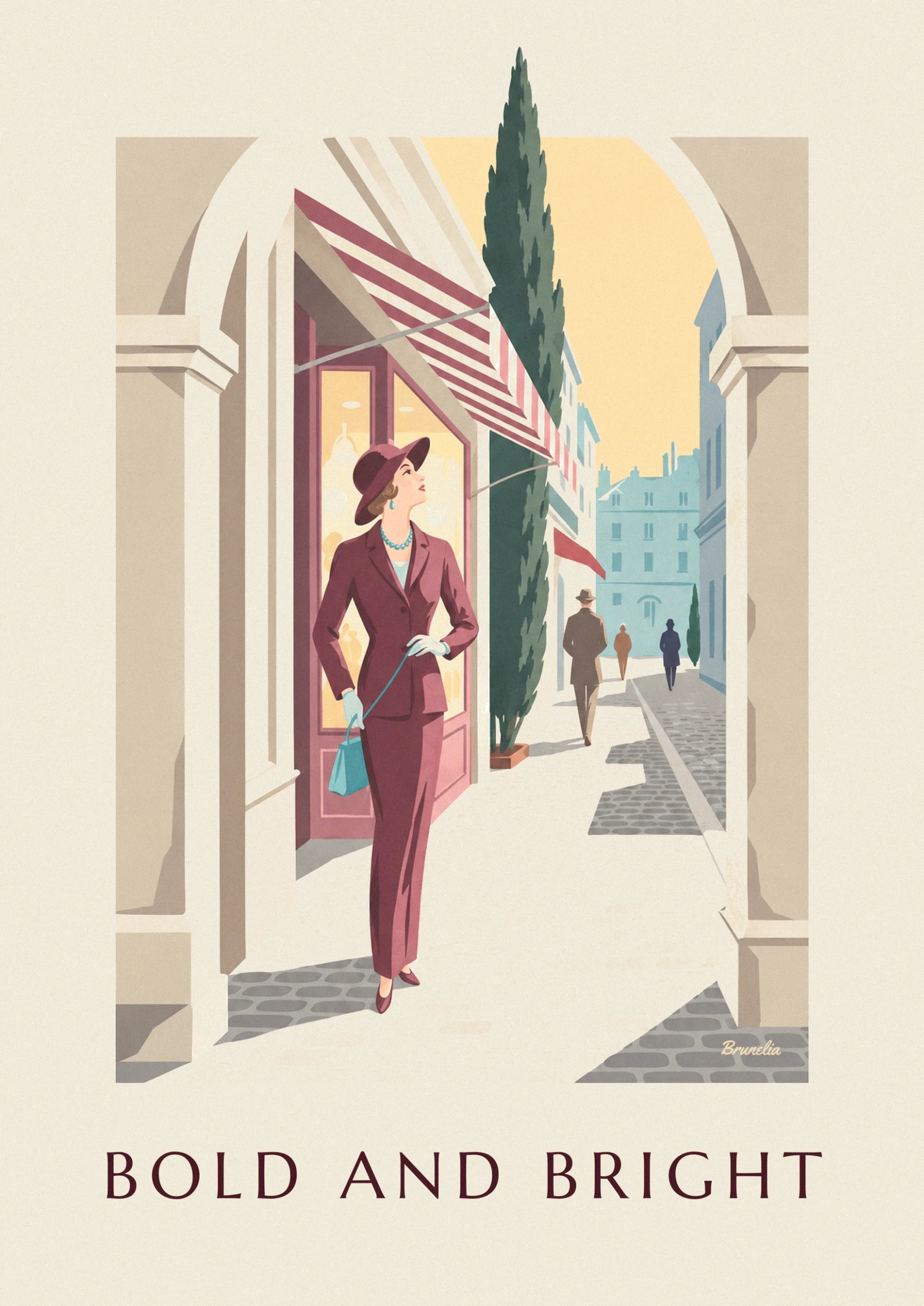 The woman in a burgundy suit and hat, turquoise bag in hand, in front of a shop window