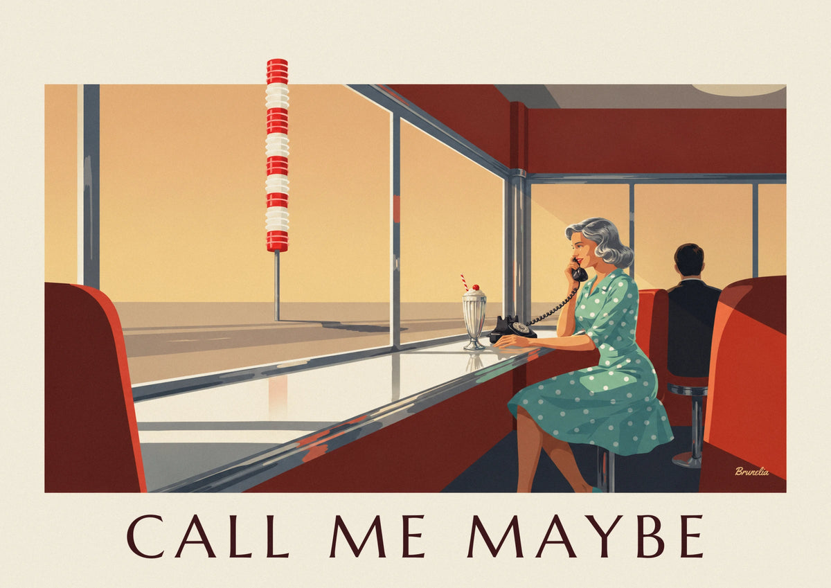 Woman on the phone in a polka dot dress at a diner counter poster
