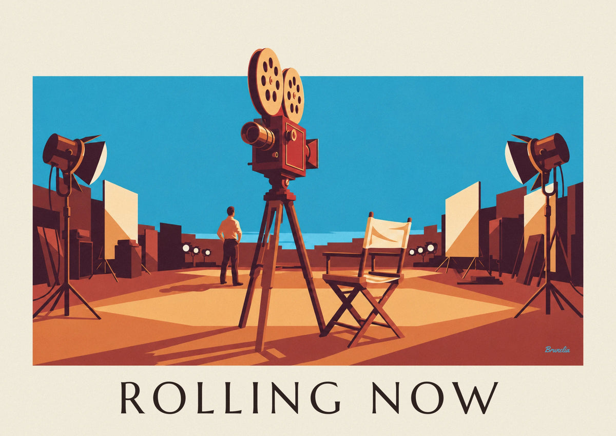 Affiche caméra de cinéma sur son trépied en plateau de tournage