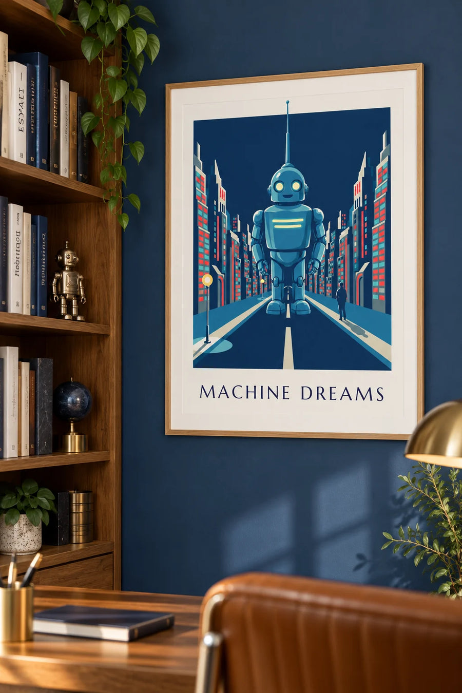 Plakat futurystyczny robot w neonowych światłach nocnego miasta: w ramie na ścianie
