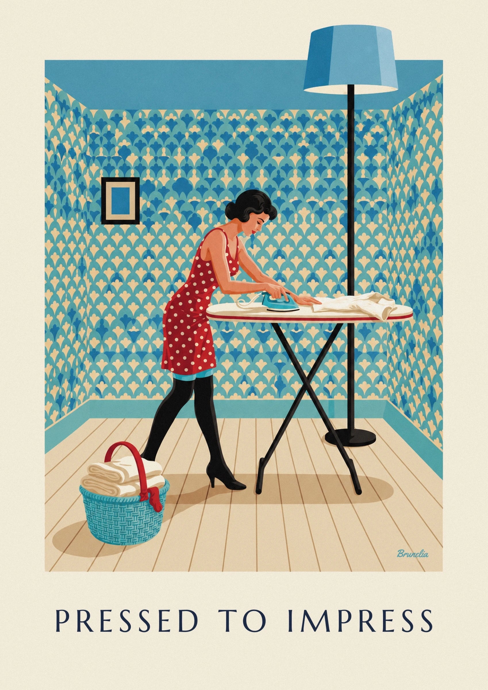 Pin-up ironing a shirt poster: close-up detail