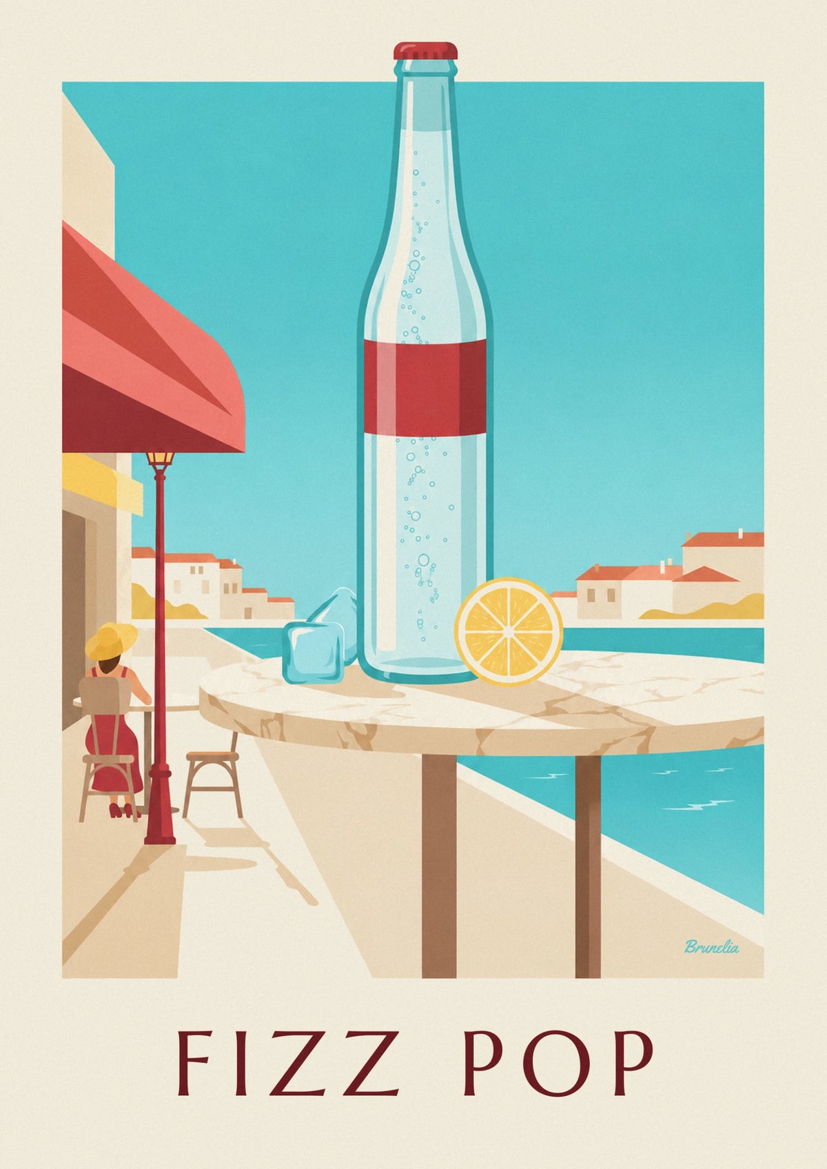 Sparkling soda bottle with ice cubes and lemon poster