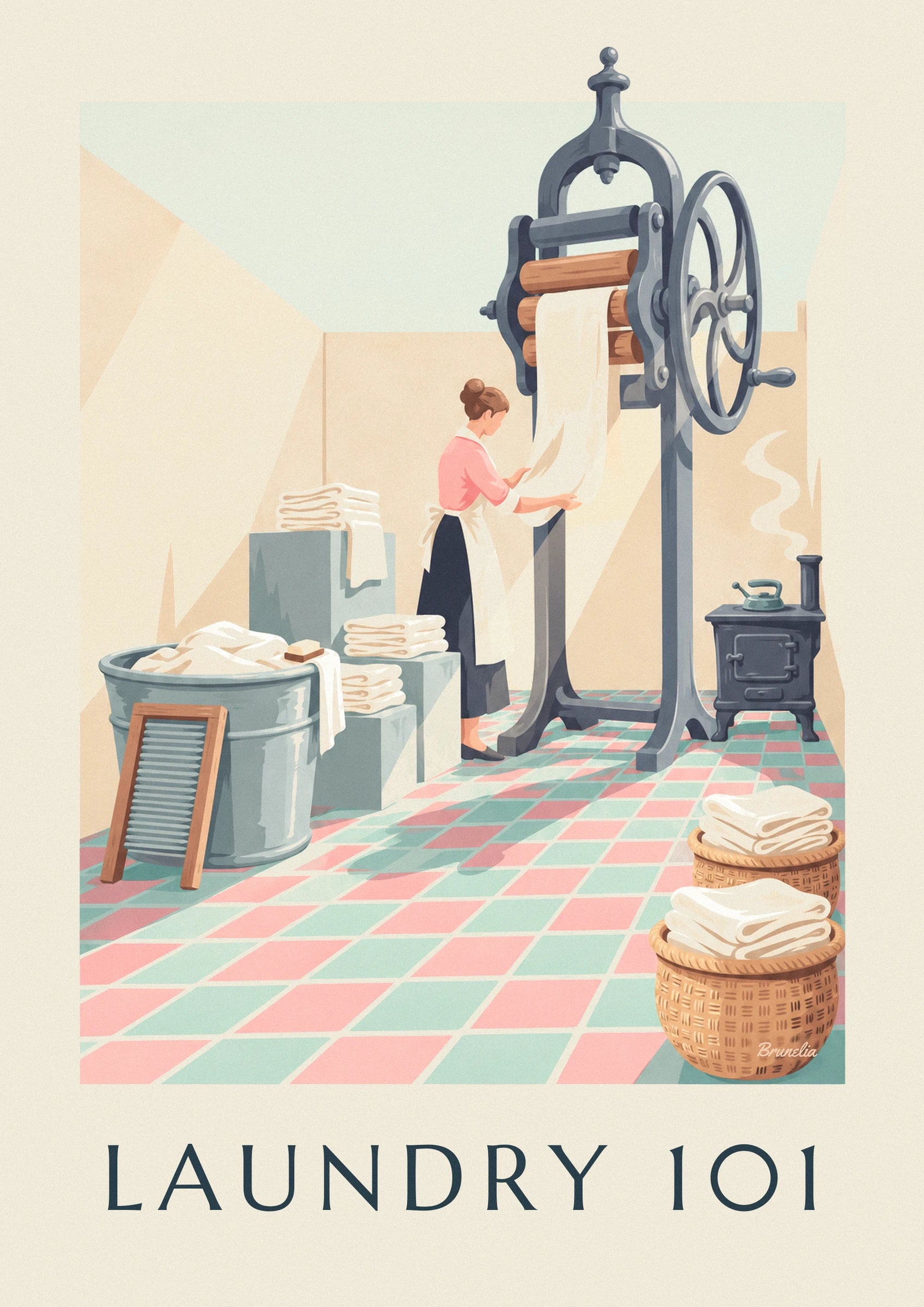 La lavandière en blouse rose et tablier blanc guidant le linge dans l’essoreuse