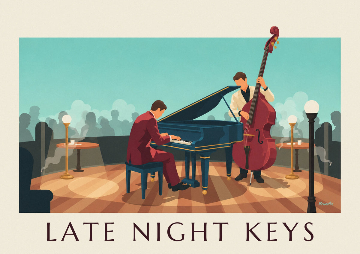 Pianist at a grand piano in a jazz club poster