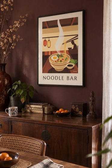 Affiche bol de nouilles asiatiques fumant et baguettes : encadrée au mur