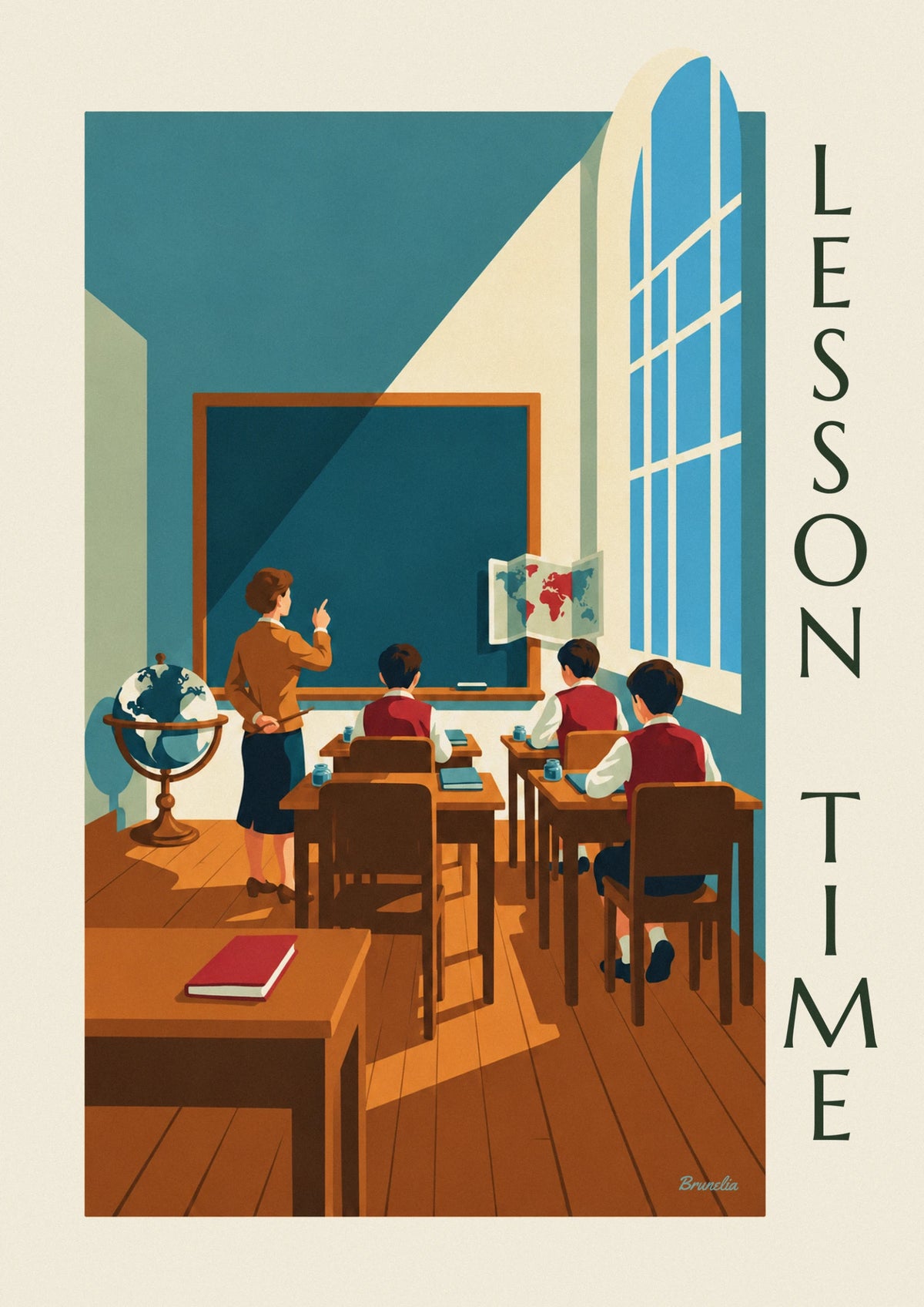 Teacher and students in a schoolroom with blackboard poster