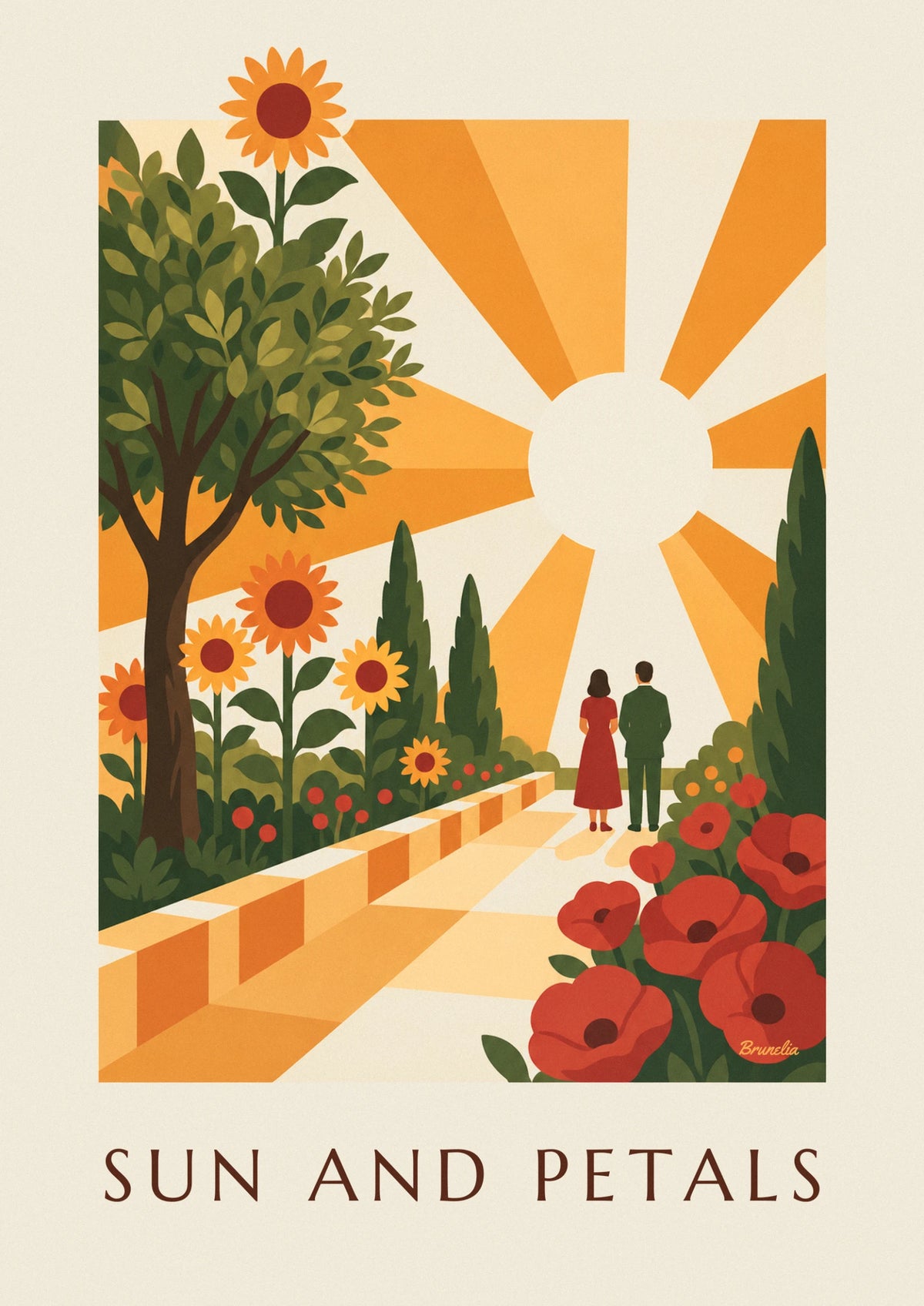 Affiche soleil rayonnant et fleurs géométriques stylisées