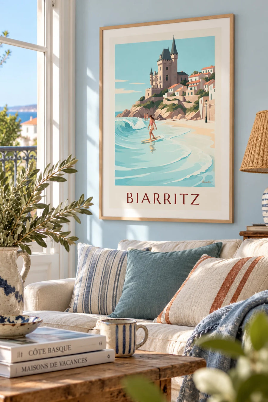Affiche longboardeuse à la Côte des Basques de Biarritz : encadrée au mur