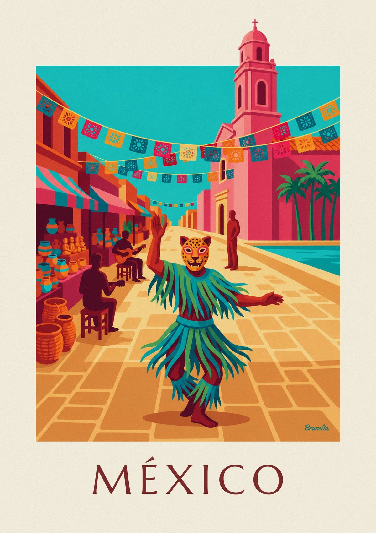 Affiche danseur au masque de jaguar sur une place du Mexique