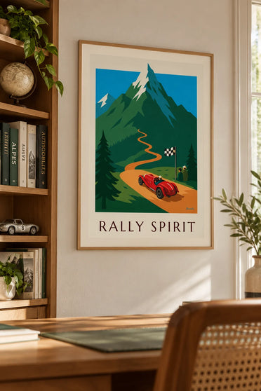 Plakat z czerwonym roadsterem w górskim rajdzie samochodowym: w ramie na ścianie