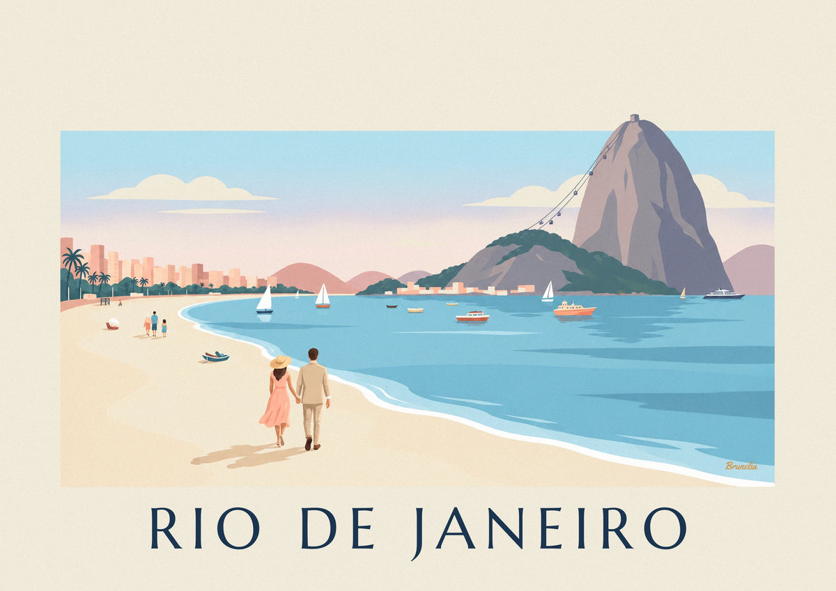 Plakat para na plaży Botafogo z widokiem na Głowę Cukru w Rio