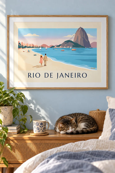 Plakat para na plaży Botafogo z widokiem na Głowę Cukru w Rio : w ramie na ścianie
