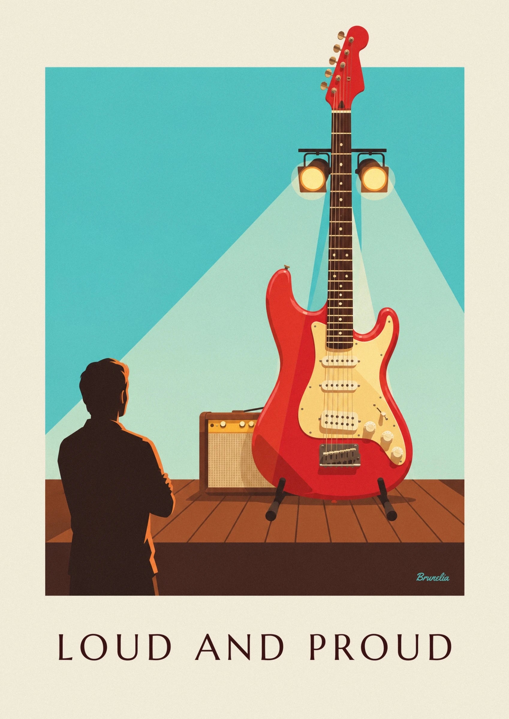 The red electric guitar with cream pickups and 3 knobs on the club stage
