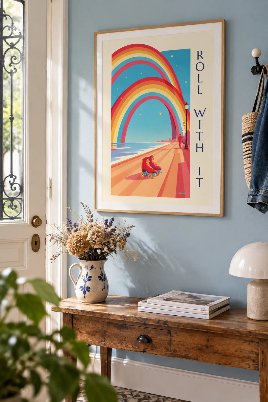 Poster of roller skates, rainbows and stars: framed on the wall