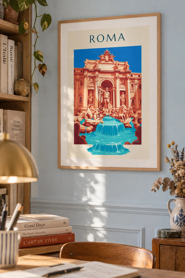Plakat z Fontanną di Trevi i posągiem Neptuna w Rzymie: plakat w ramie na ścianie