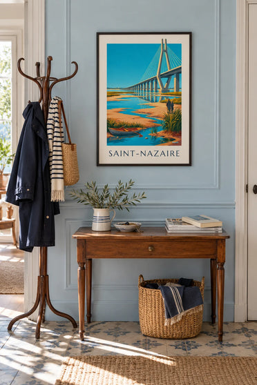 Affiche pont de Saint-Nazaire et barque sur l'estuaire : encadrée au mur