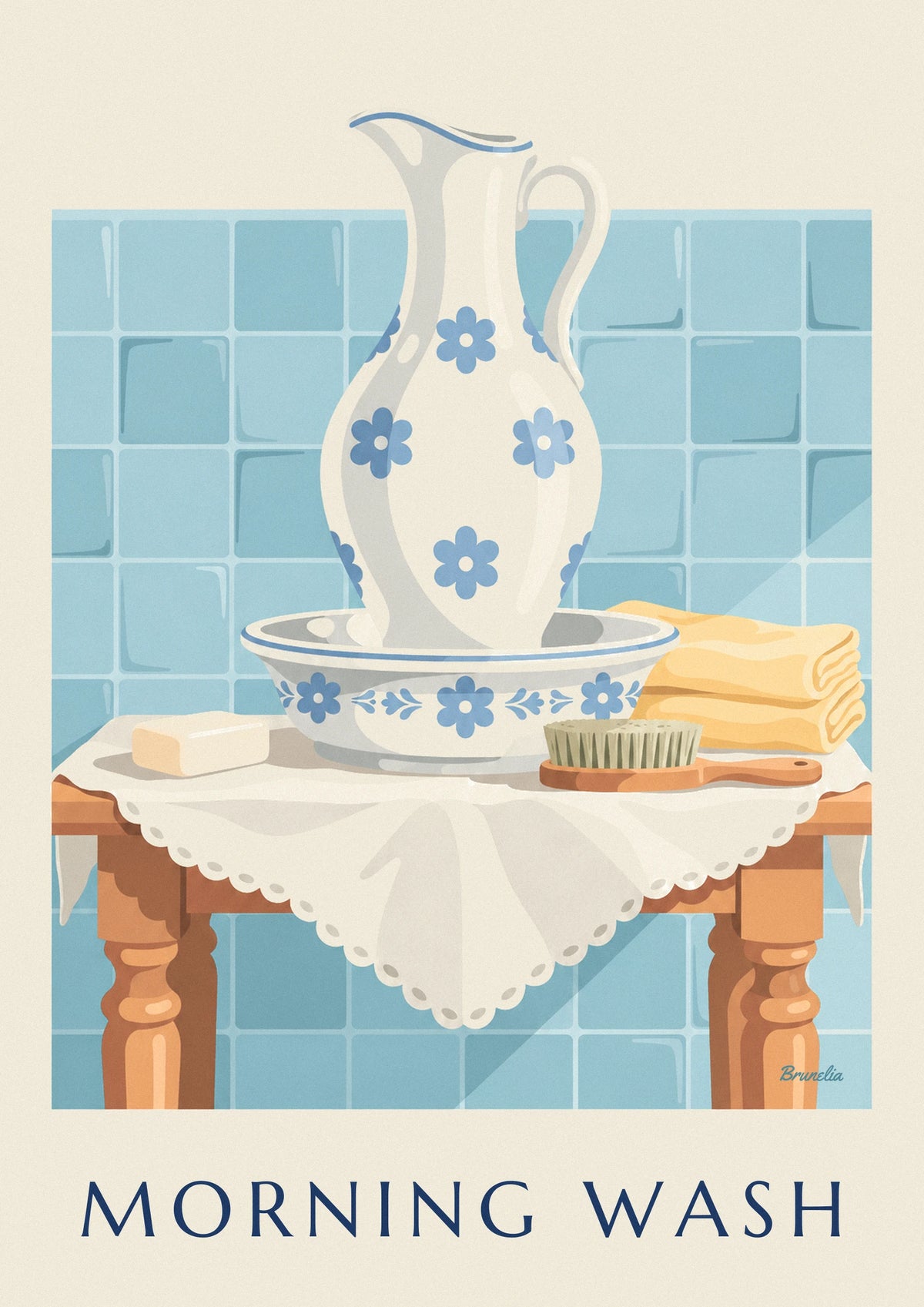 Earthenware pitcher and basin on a washstand poster