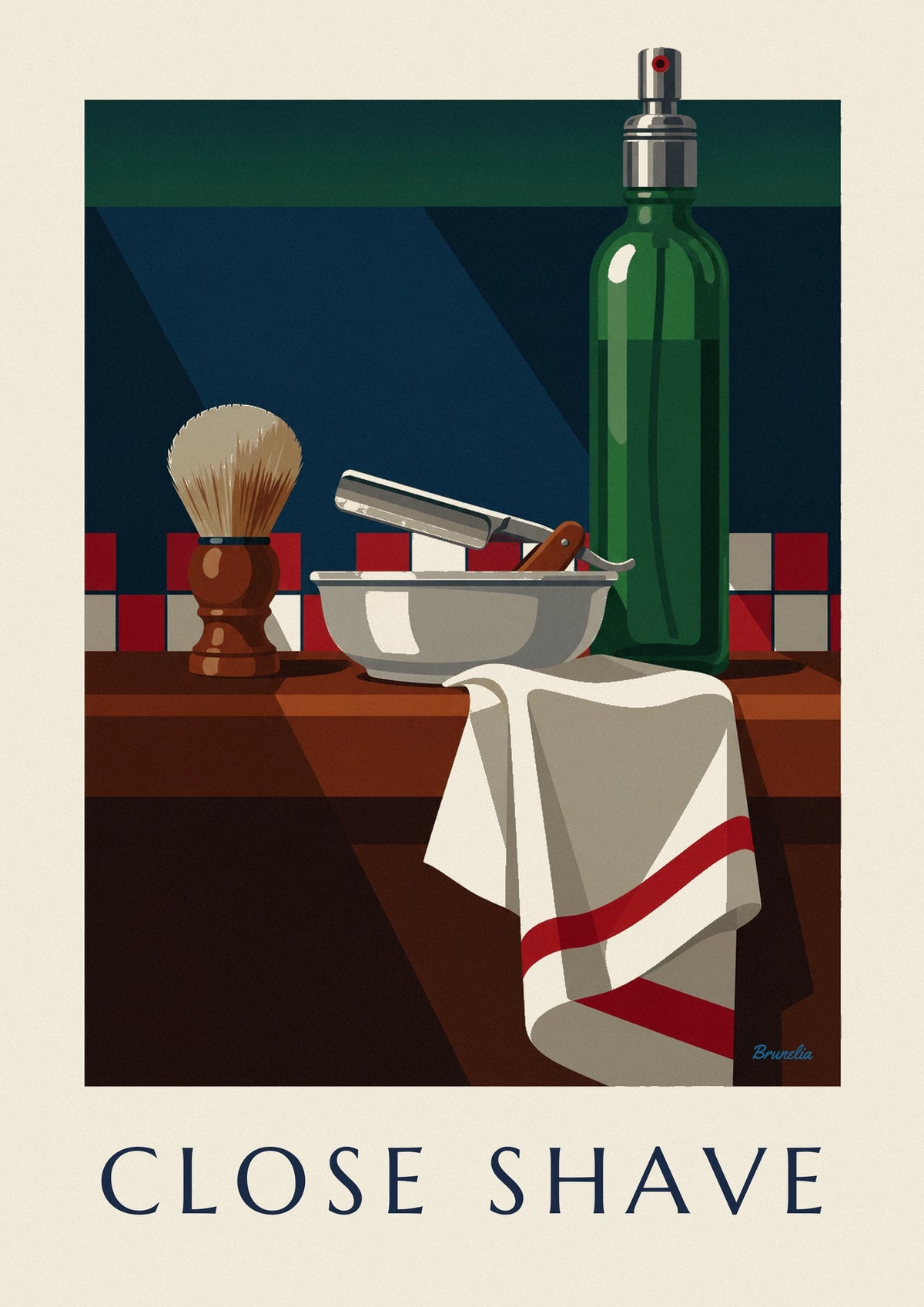 Affiche rasoir coupe-chou, blaireau et flacon d'après-rasage
