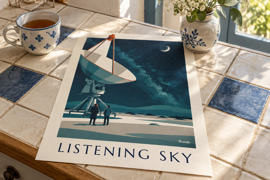 Plakat radioteleskop skierowany na rozgwieżdżone niebo na pustyni: postawiony na stole