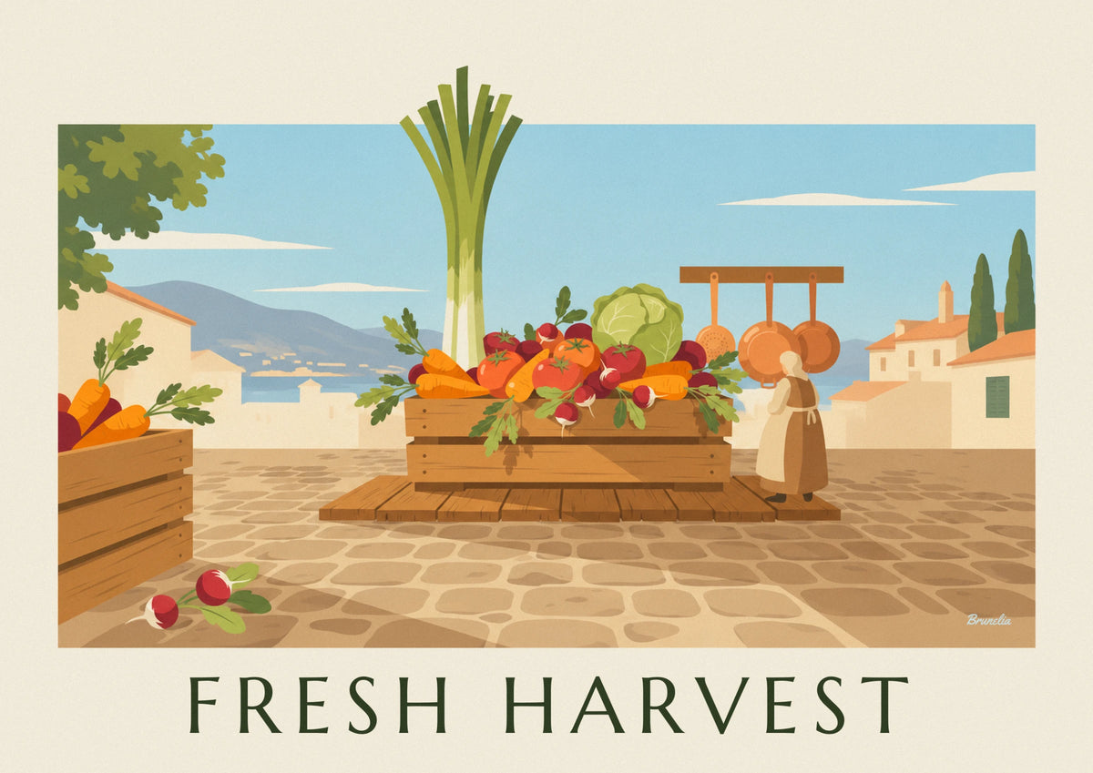 Affiche cagette de légumes frais sur un étal de marché