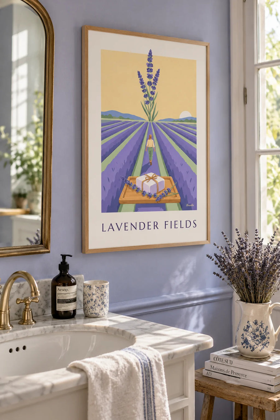 Affiche savon artisanal à la lavande et champ de lavande : encadrée au mur