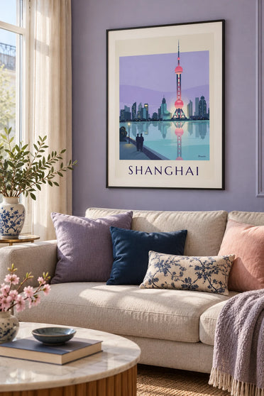 Plakat wieża Oriental Pearl w Szanghaju nocą: w ramie na ścianie