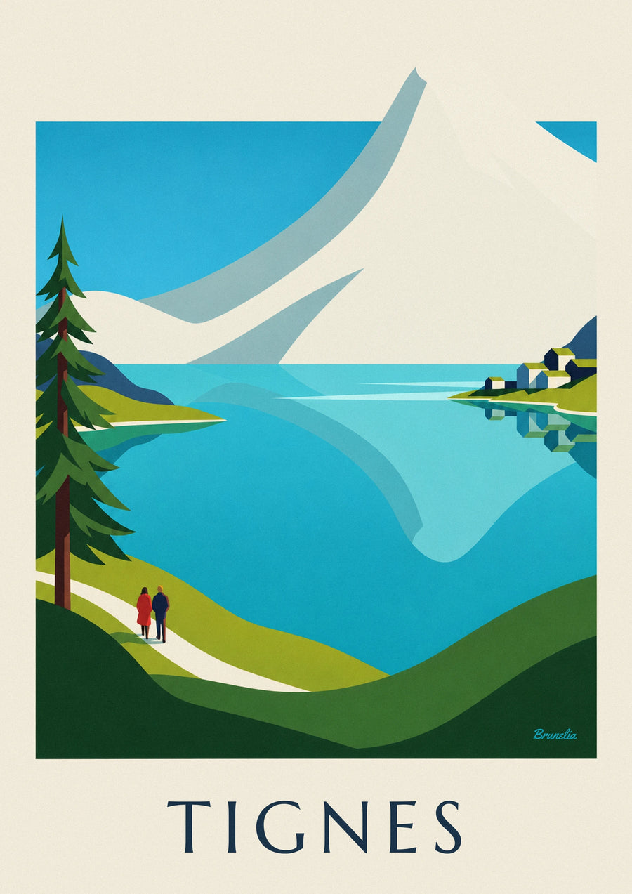 Plakat jezioro Tignes i ośnieżone szczyty Grande Motte