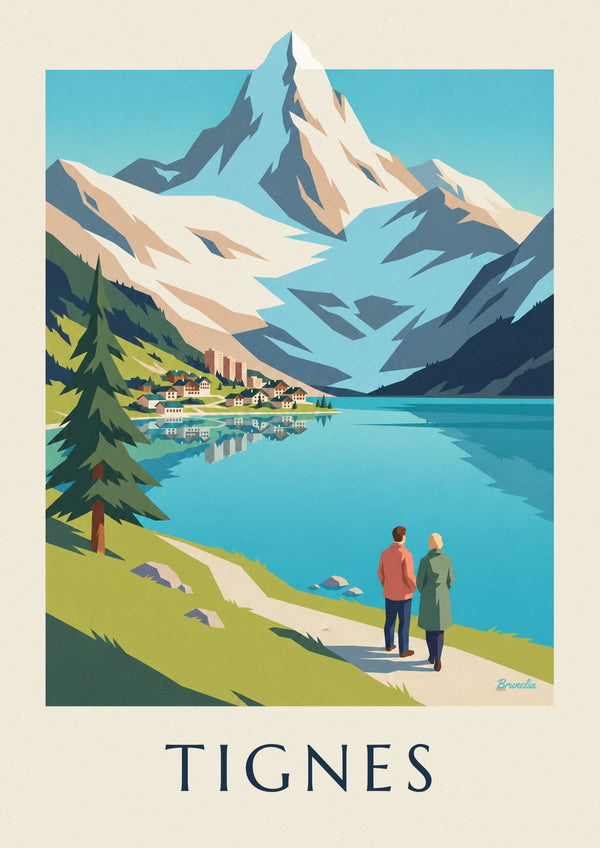 Tignes lake and snowy Grande Motte peaks poster