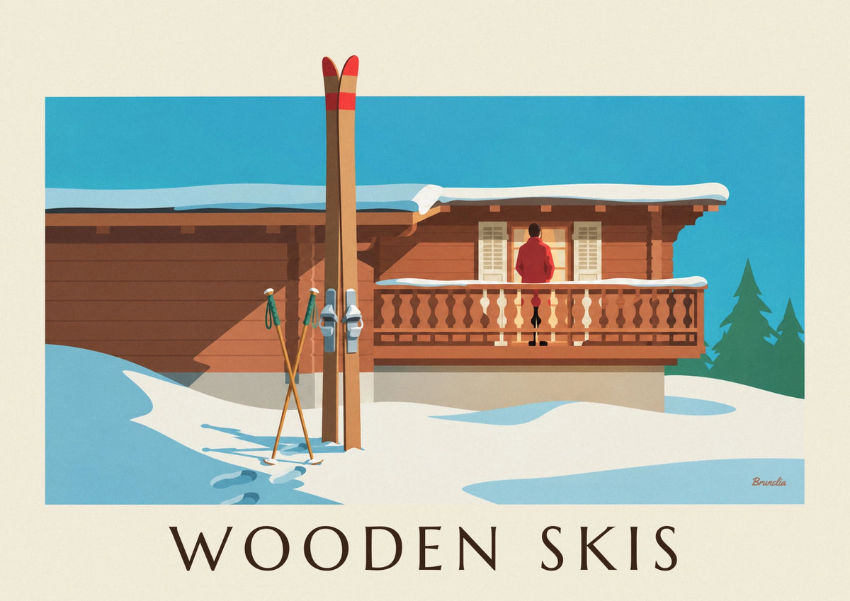 Wooden skis and poles against a snowy chalet poster
