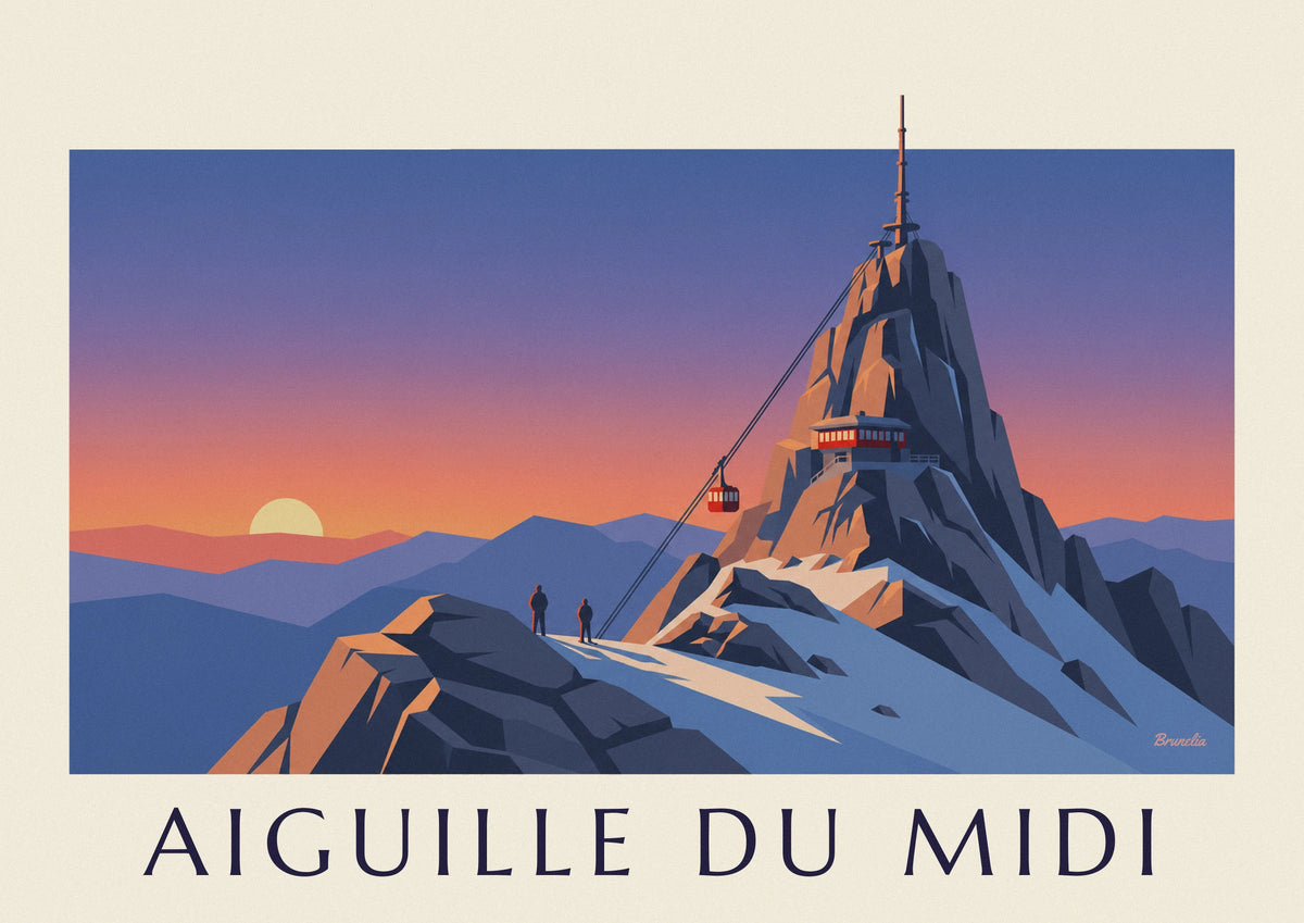 Affiche téléphérique de l'Aiguille du Midi au coucher du soleil