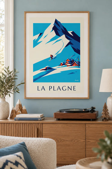 Affiche skieur dans la descente à La Plagne face à Bellecôte : encadrée au mur