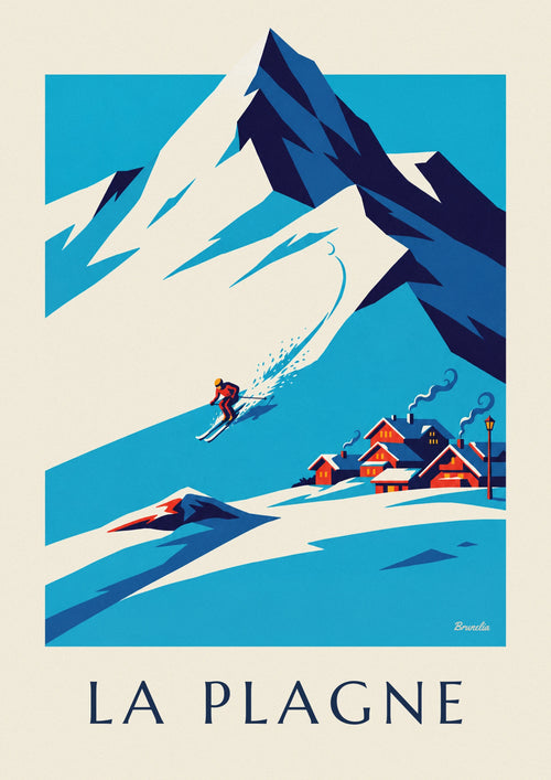 Poster of a skier on the downhill run at La Plagne facing Bellecôte: the full poster