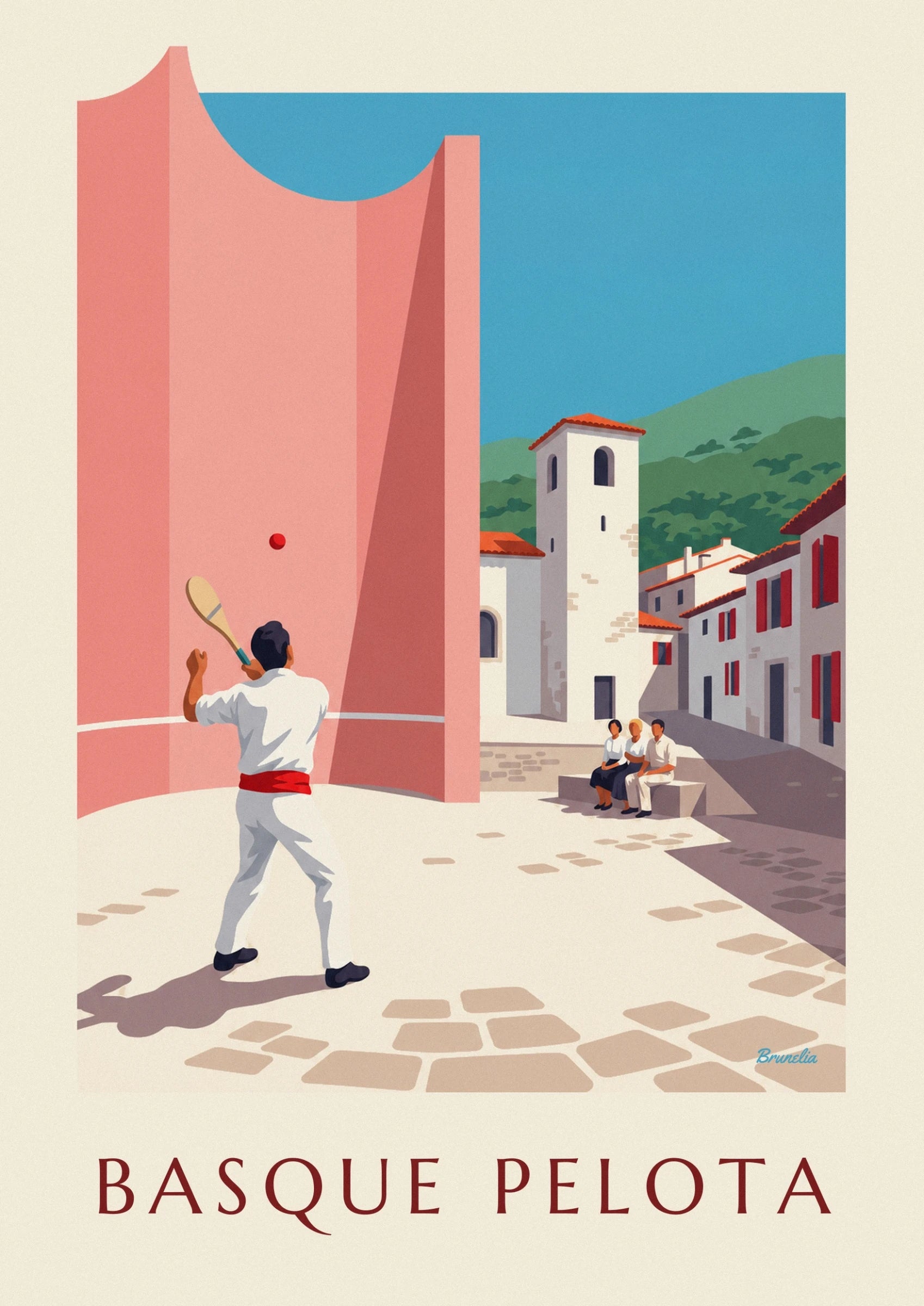 The pelota player seen from behind, dressed in white with a red sash, his pala raised