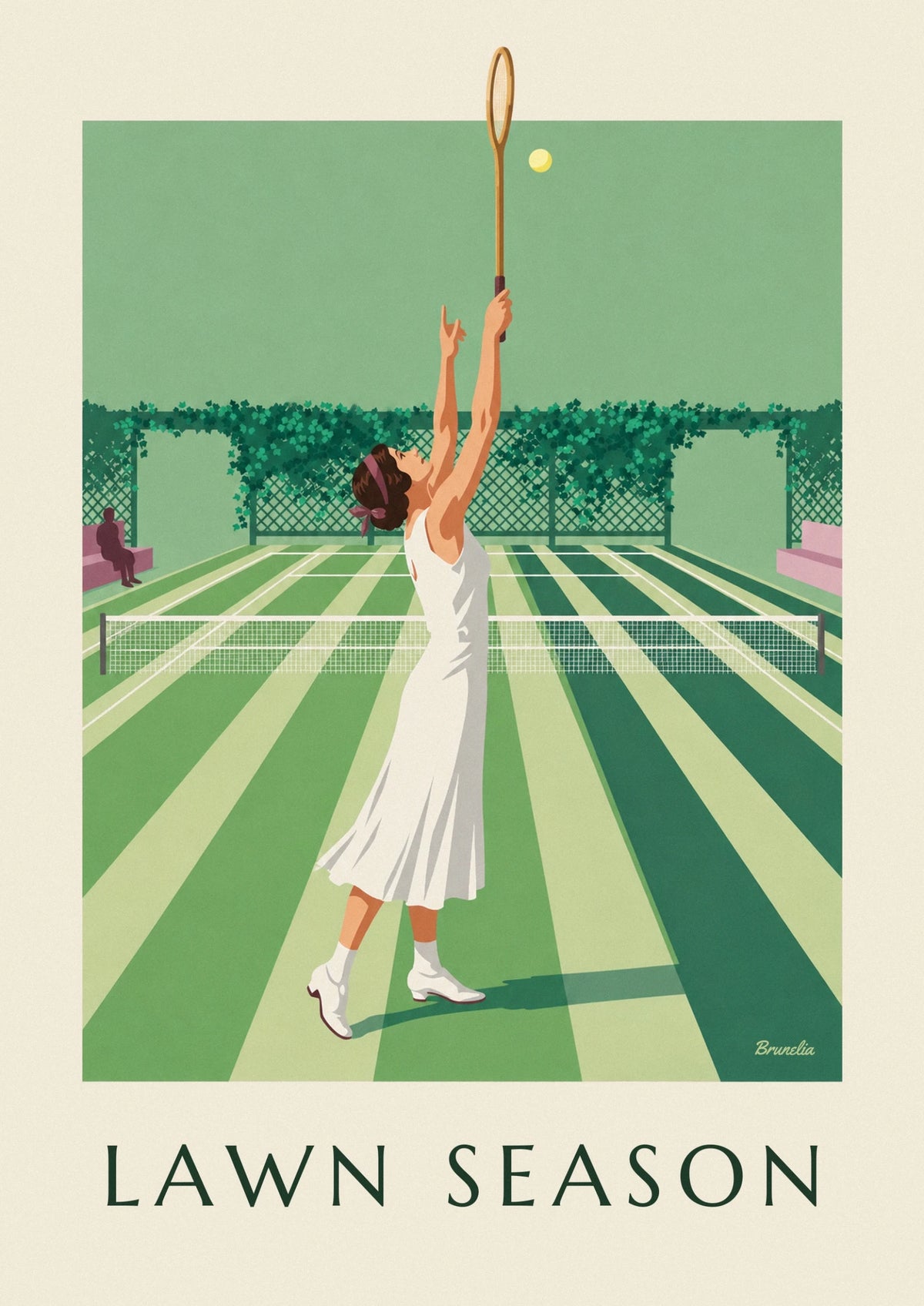 Woman tennis player serving on a grass court poster