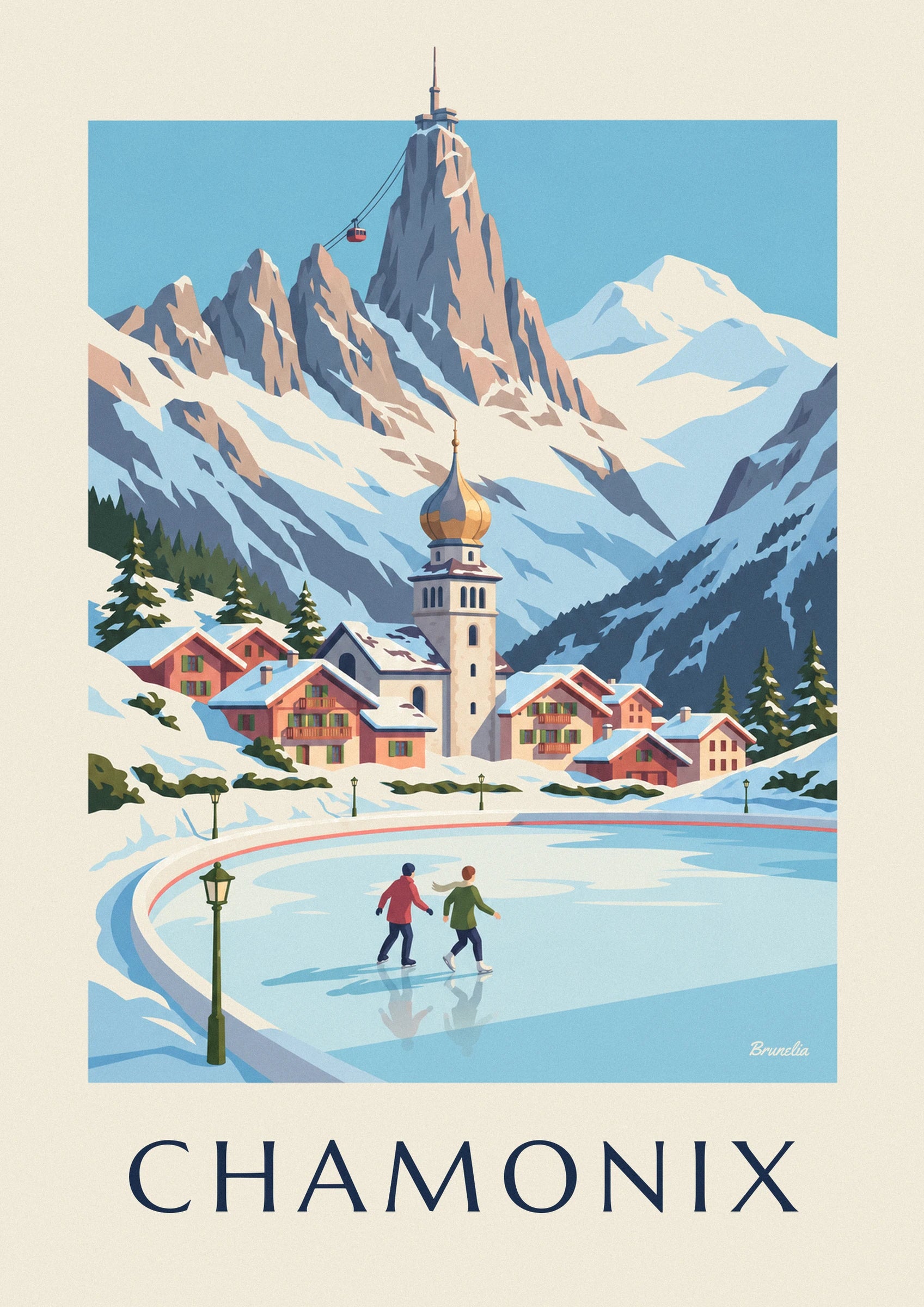 Plakat łyżwiarze na lodowisku w Chamonix i Aiguille du Midi: zbliżenie na detal