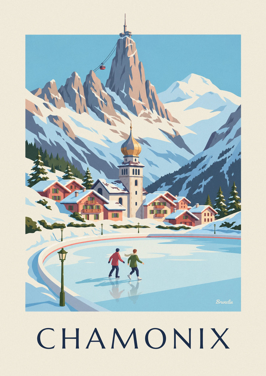 Plakat łyżwiarze na lodowisku w Chamonix i Aiguille du Midi