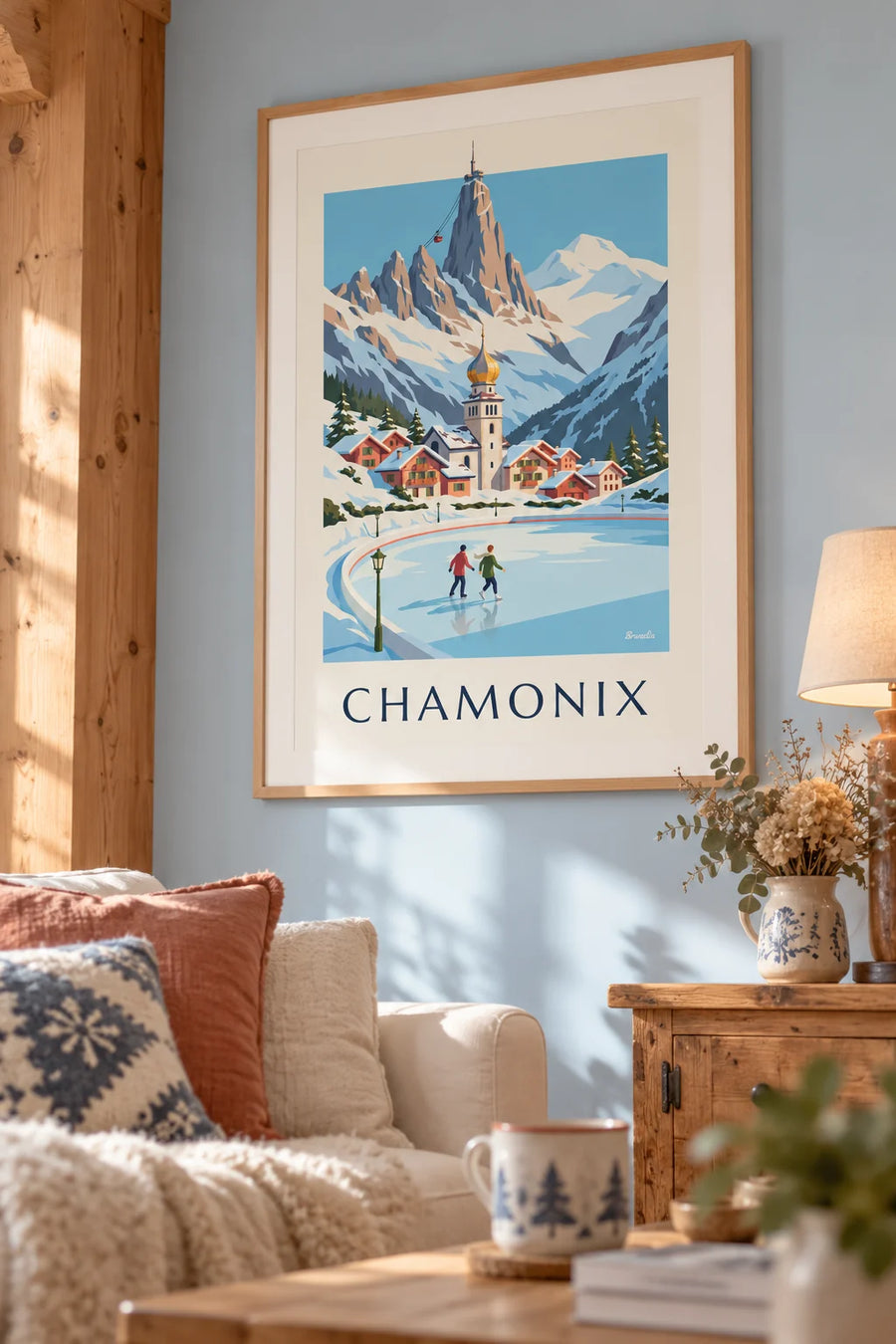 Plakat łyżwiarze na lodowisku w Chamonix i Aiguille du Midi: w ramie na ścianie
