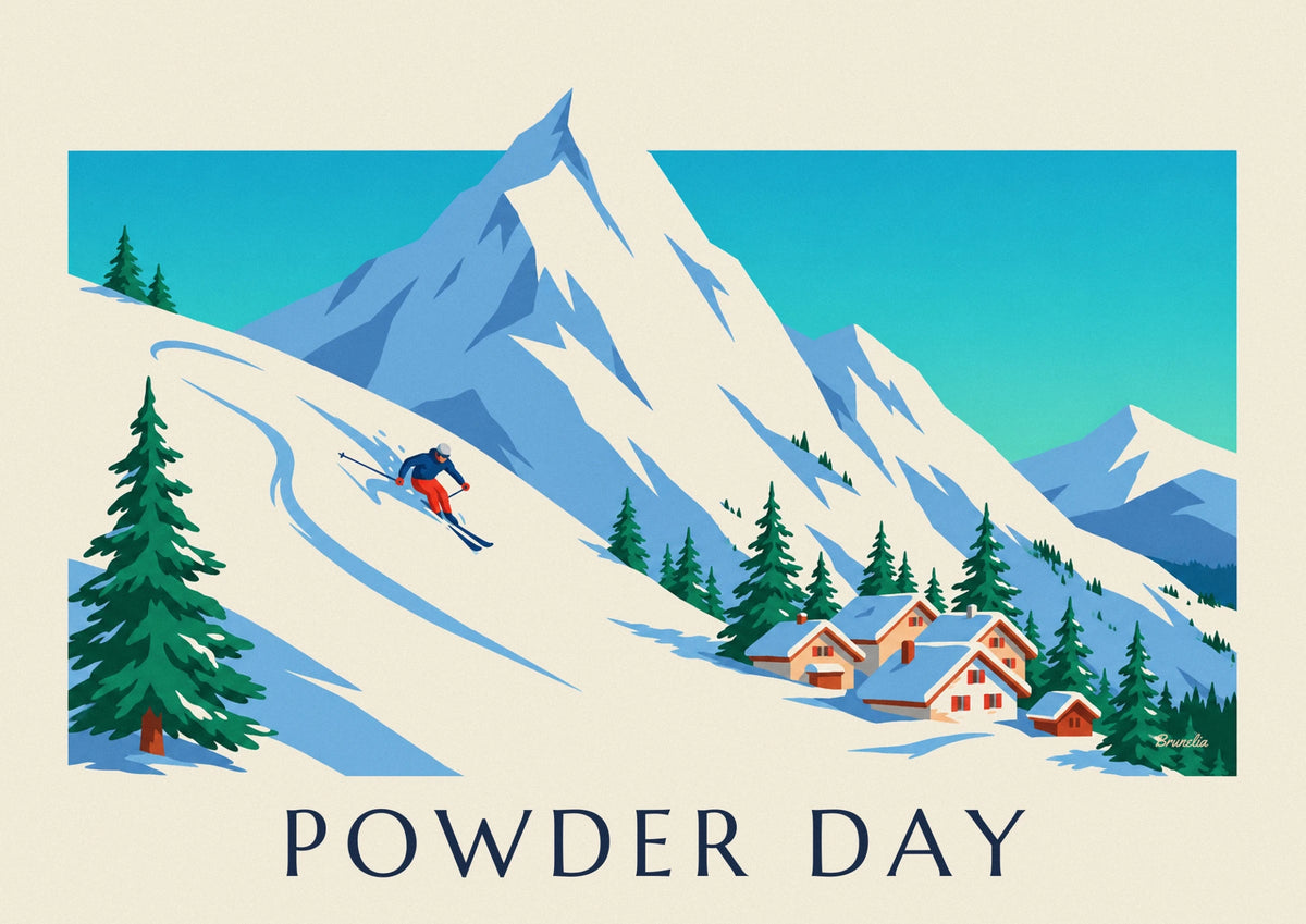 Skier in powder above snowy chalets poster