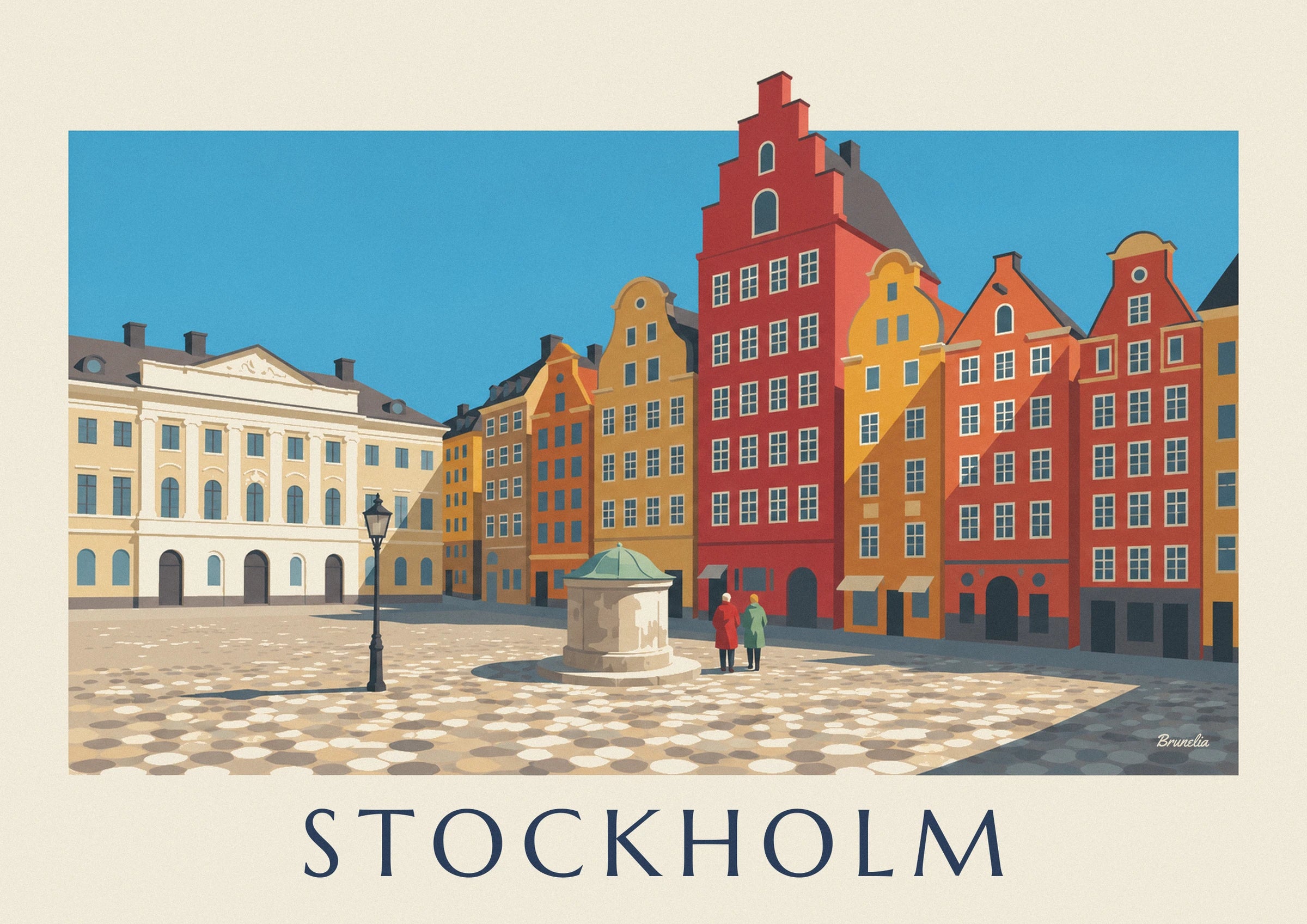 Plakat z kolorowymi kamienicami na Stortorget w Gamla stan w Sztokholmie: zbliżenie szczegółu